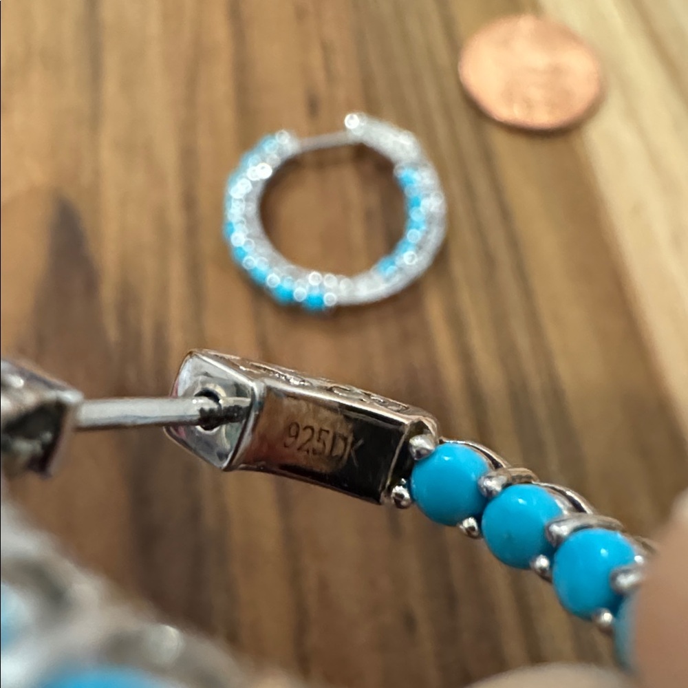 Blue Turquoise and 925 stamped Silver Hoop Earrings - Picture 6 of 6